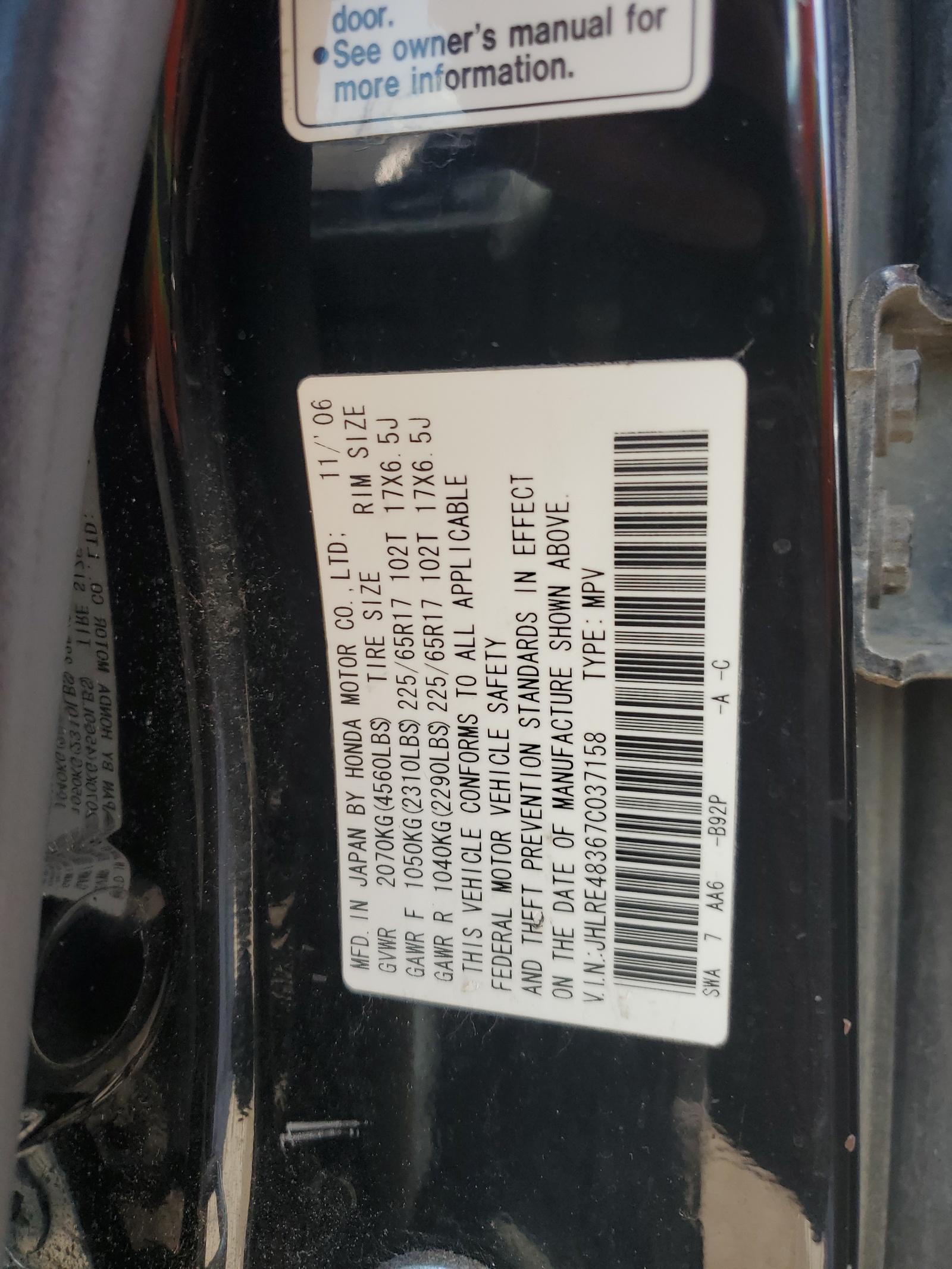 JHLRE48367C037158 2007 Honda Cr-V Lx