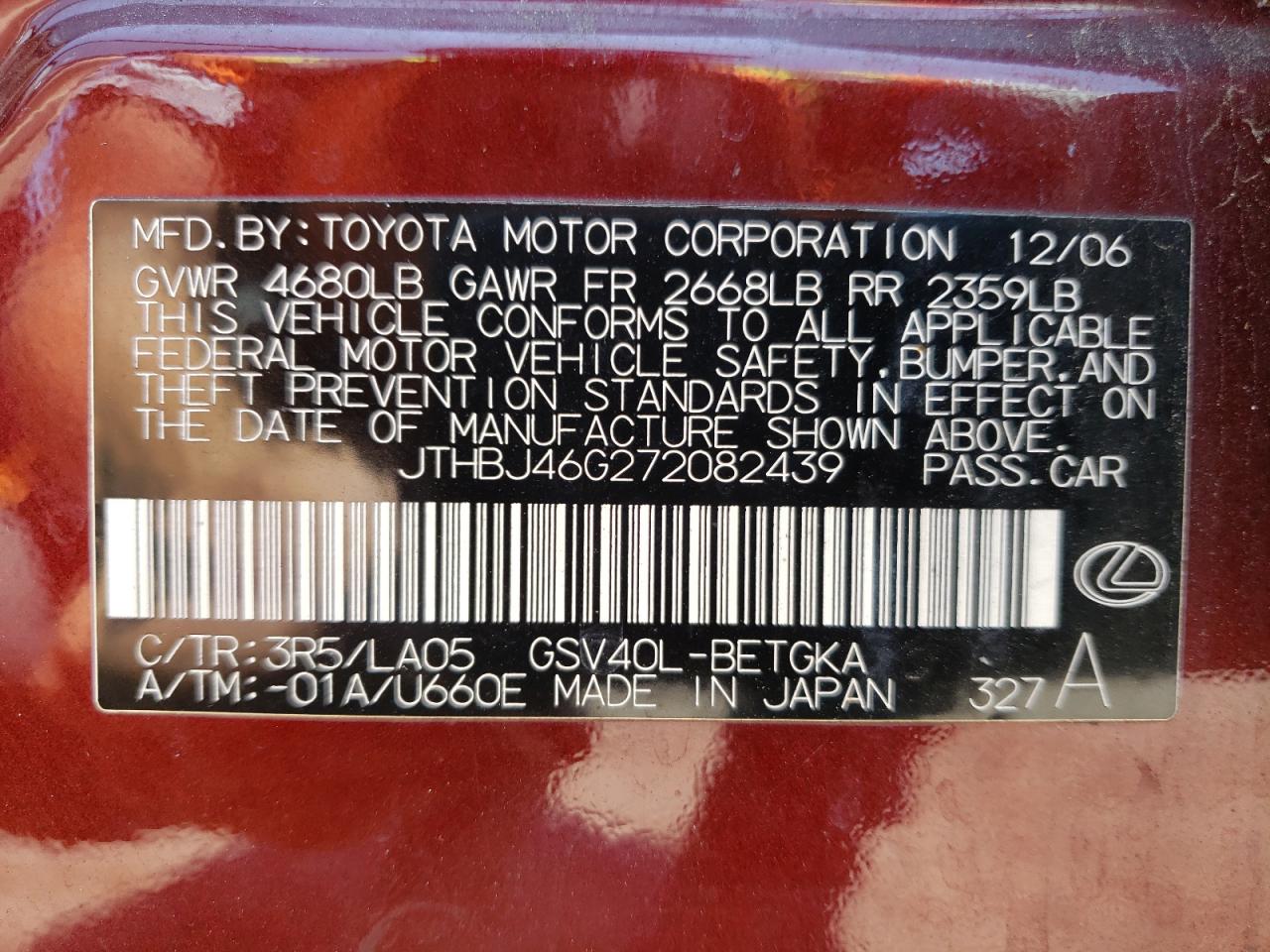 JTHBJ46G272082439 2007 Lexus Es 350