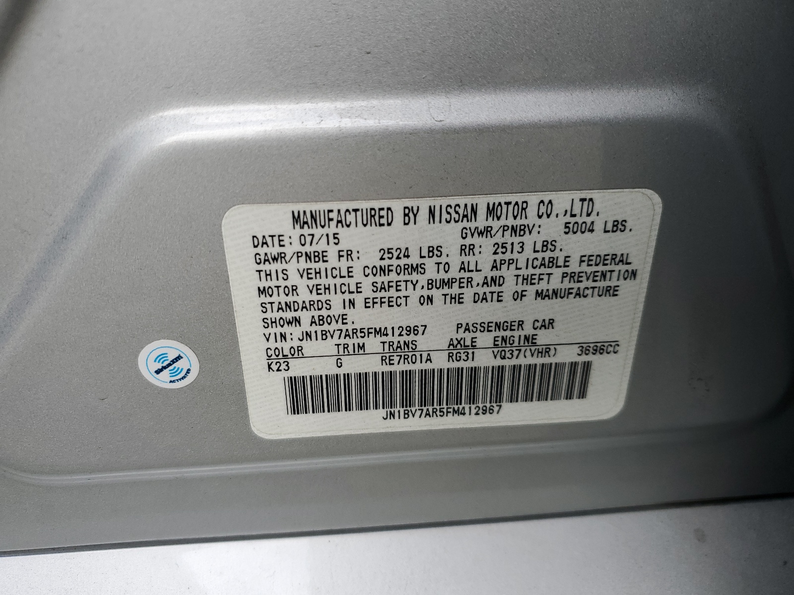 JN1BV7AR5FM412967 2015 Infiniti Q50 Base