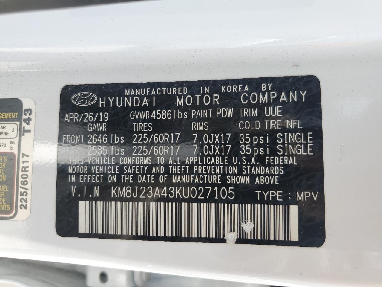 KM8J23A43KU027105 2019 Hyundai Tucson Se