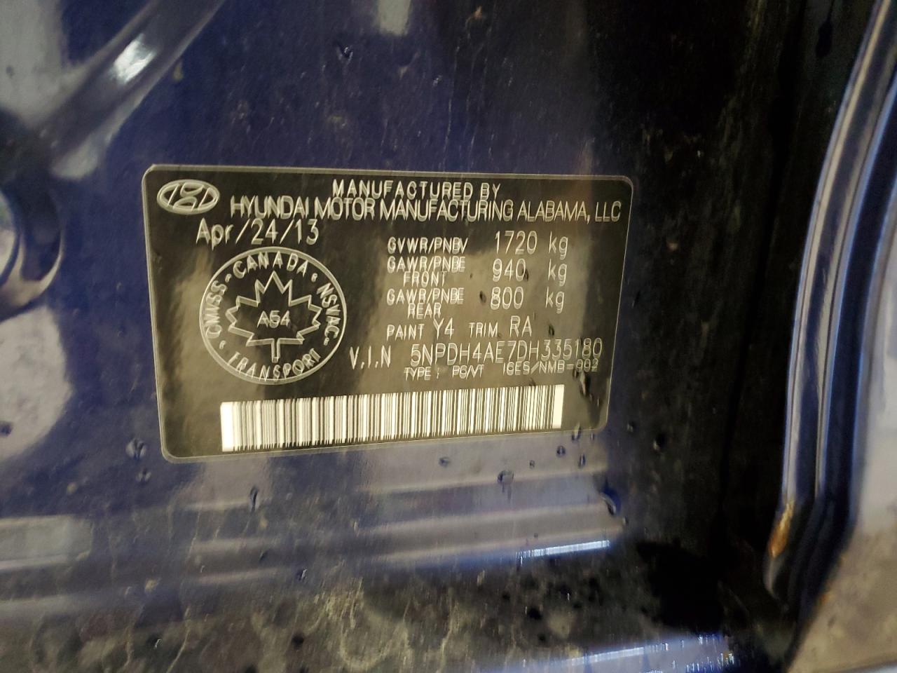 2013 Hyundai Elantra Gls VIN: 5NPDH4AE7DH335180 Lot: 61376084
