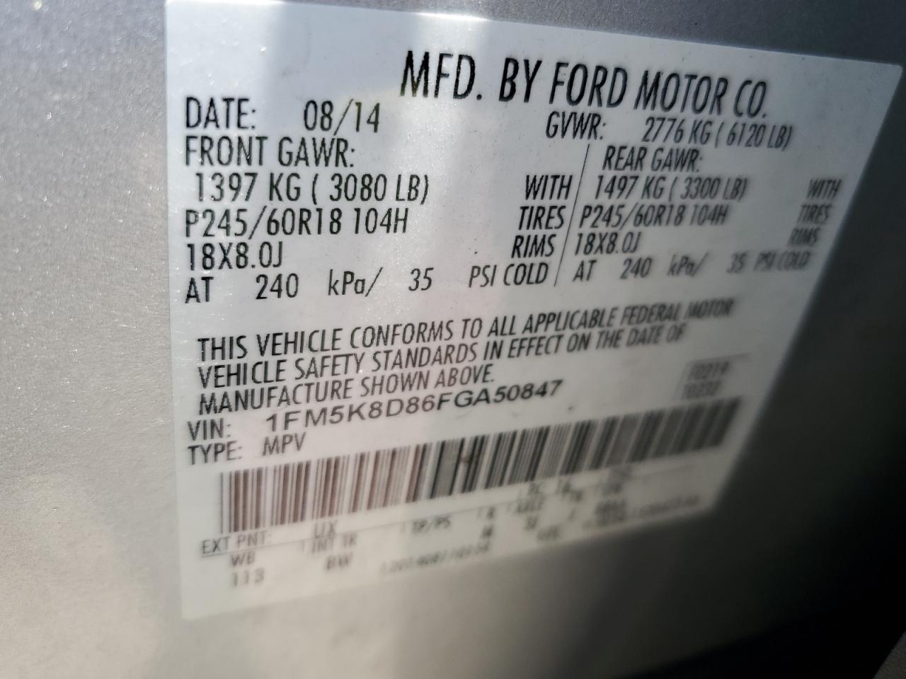 2015 Ford Explorer Xlt VIN: 1FM5K8D86FGA50847 Lot: 59738534