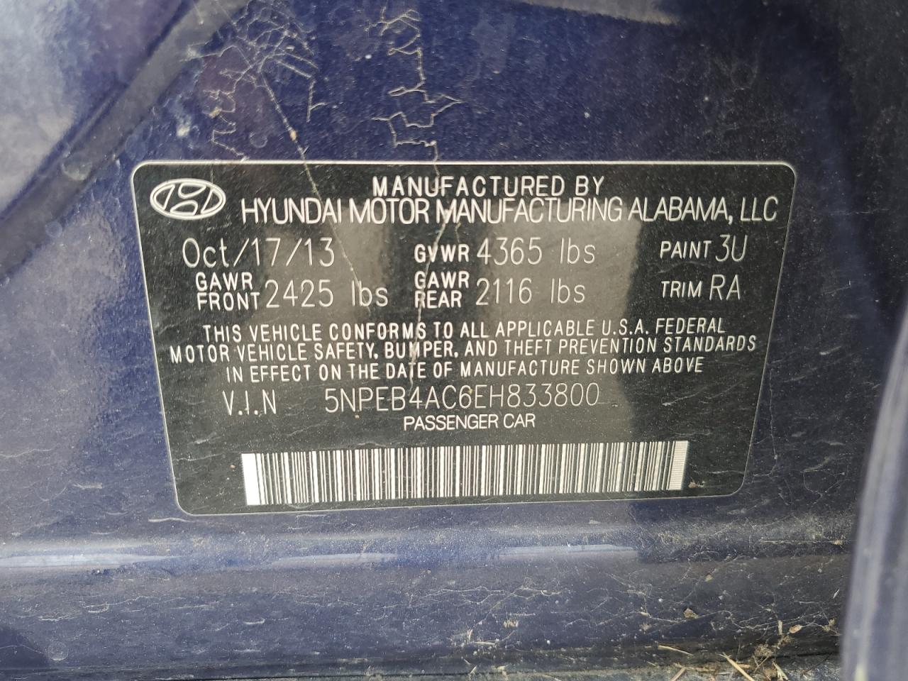 2014 Hyundai Sonata Gls VIN: 5NPEB4AC6EH833800 Lot: 57449884