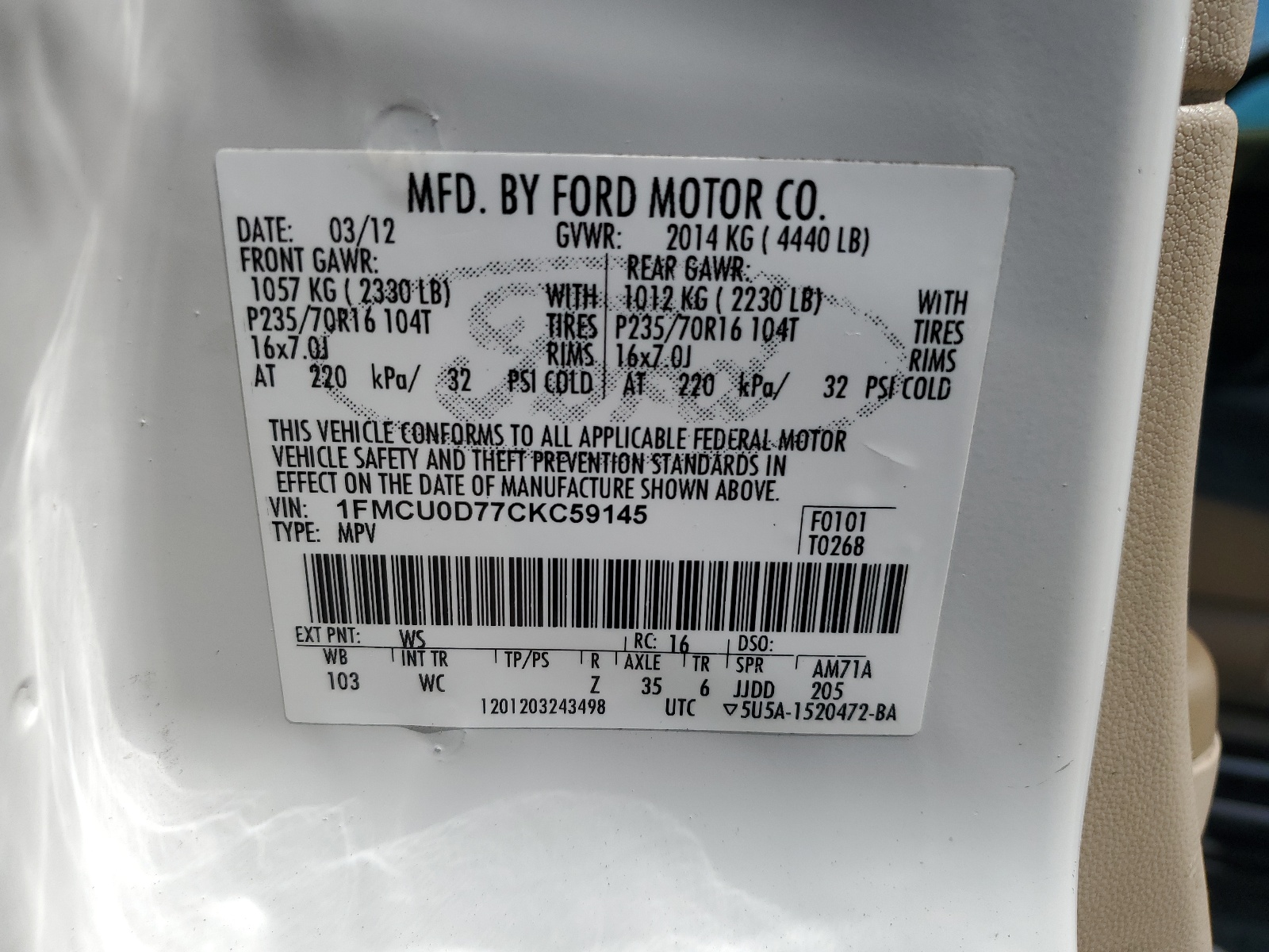 1FMCU0D77CKC59145 2012 Ford Escape Xlt