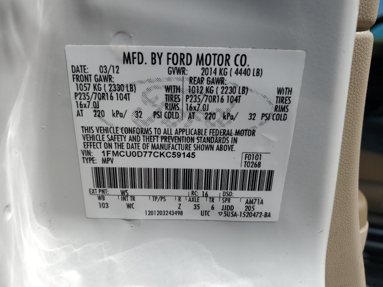 2012 Ford Escape Xlt VIN: 1FMCU0D77CKC59145 Lot: 56655374