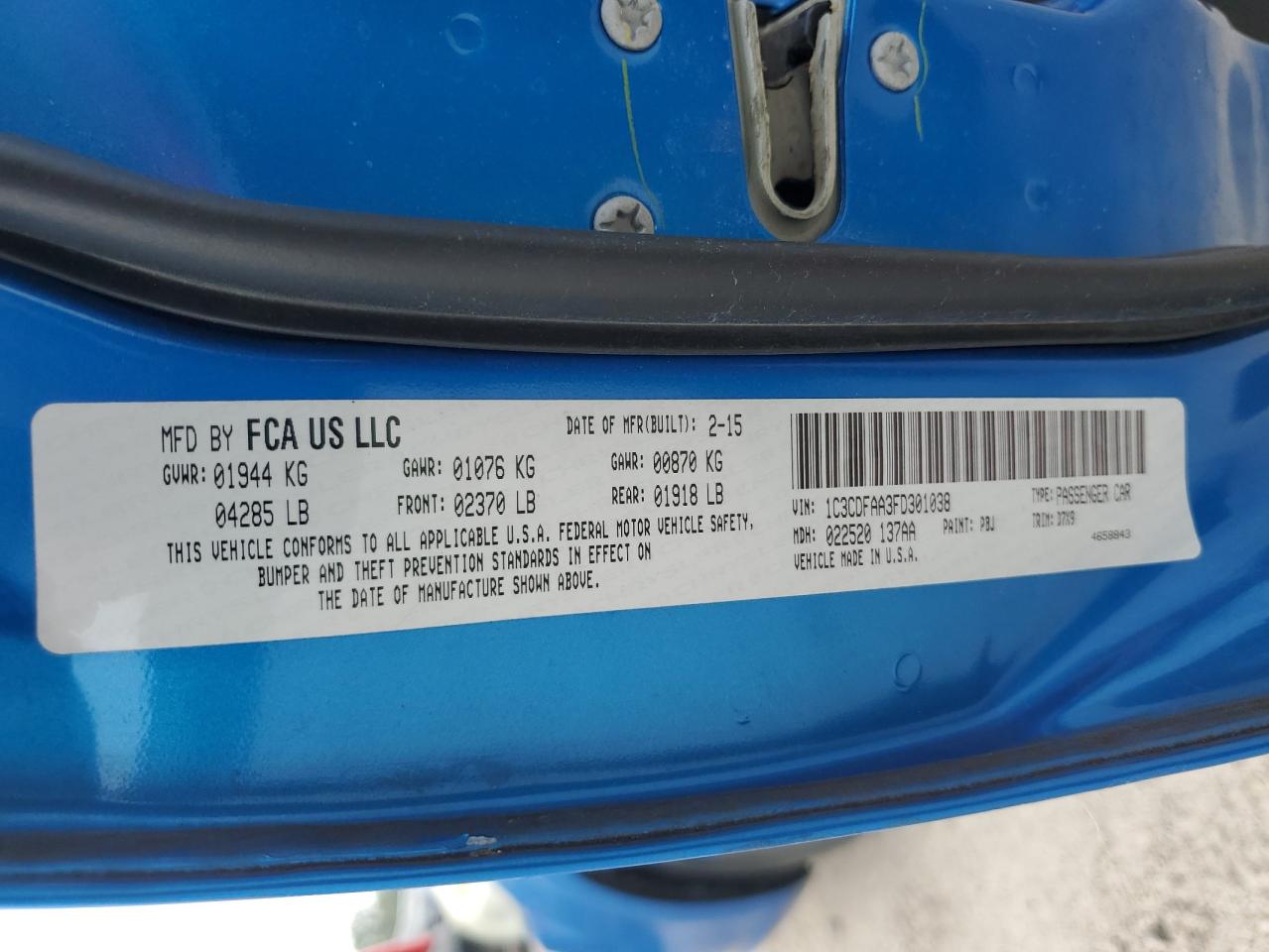 2015 Dodge Dart Se VIN: 1C3CDFAA3FD301038 Lot: 57273254