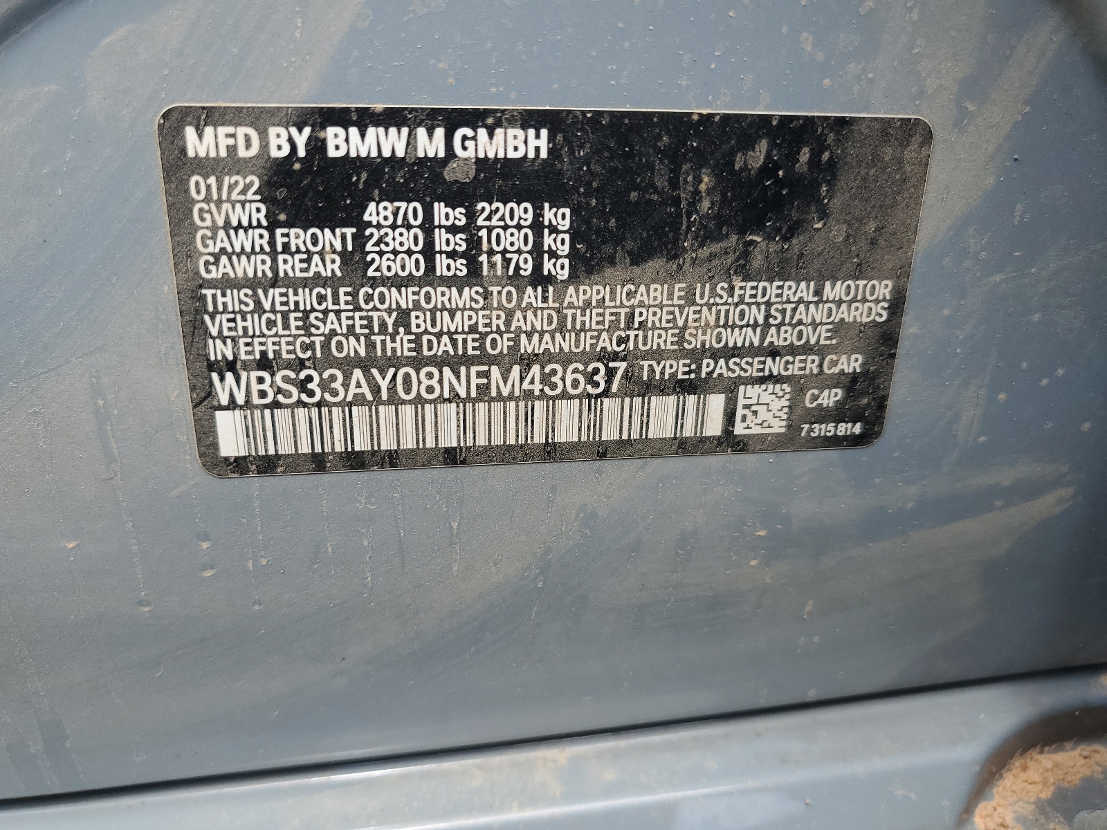 WBS33AY08NFM43637 2022 BMW M3 Competition