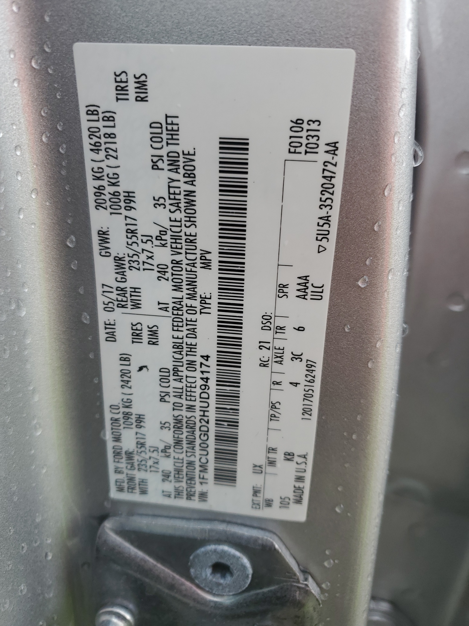 1FMCU0GD2HUD94174 2017 Ford Escape Se