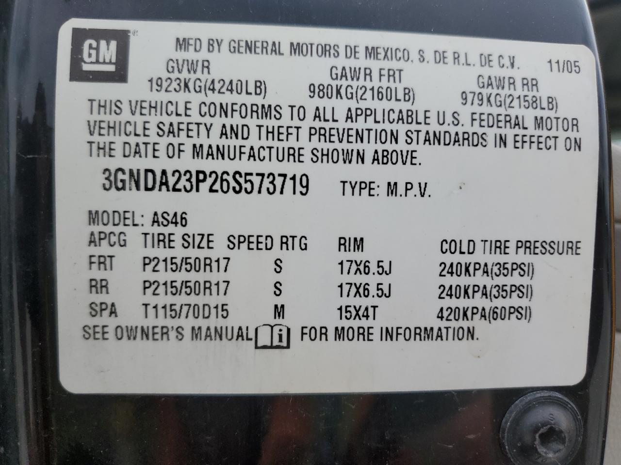 2006 Chevrolet Hhr Lt VIN: 3GNDA23P26S573719 Lot: 59344004