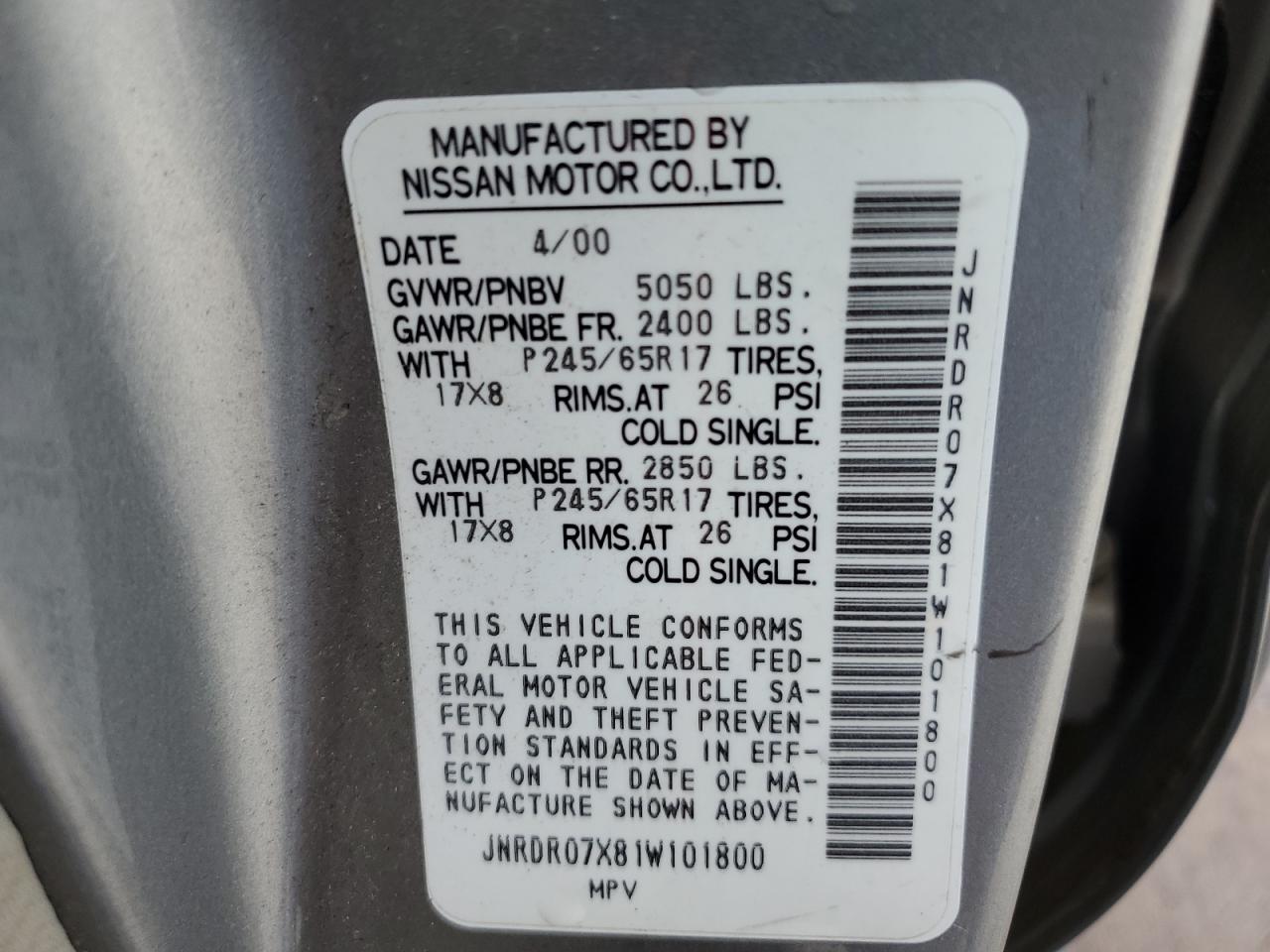 2001 Infiniti Qx4 VIN: JNRDR07X81W101800 Lot: 58959464