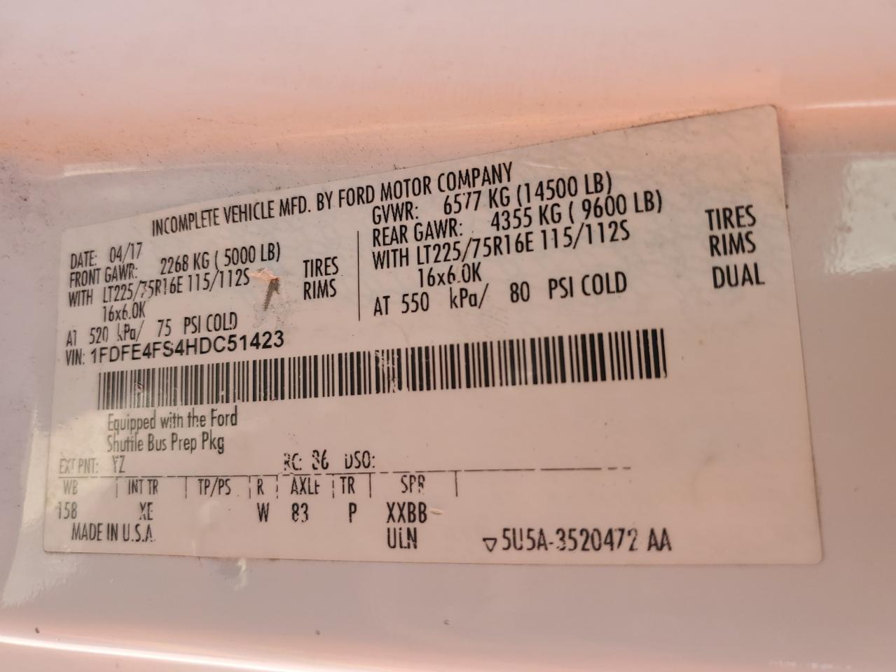 2017 Ford Econoline E450 Super Duty Cutaway Van VIN: 1FDFE4FS4HDC51423 Lot: 58516904