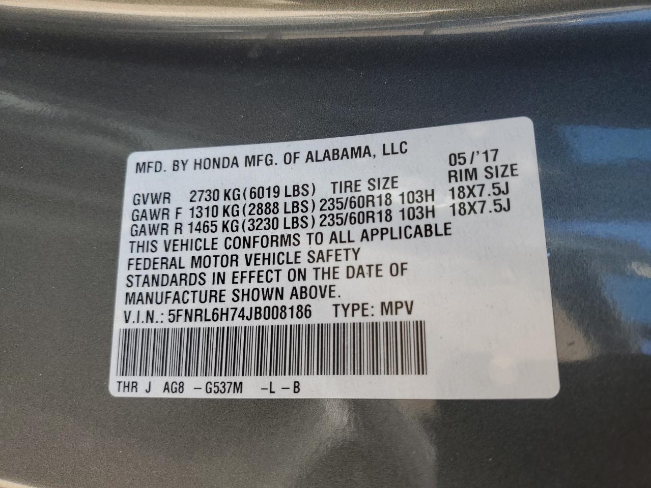 5FNRL6H74JB008186 2018 Honda Odyssey Exl