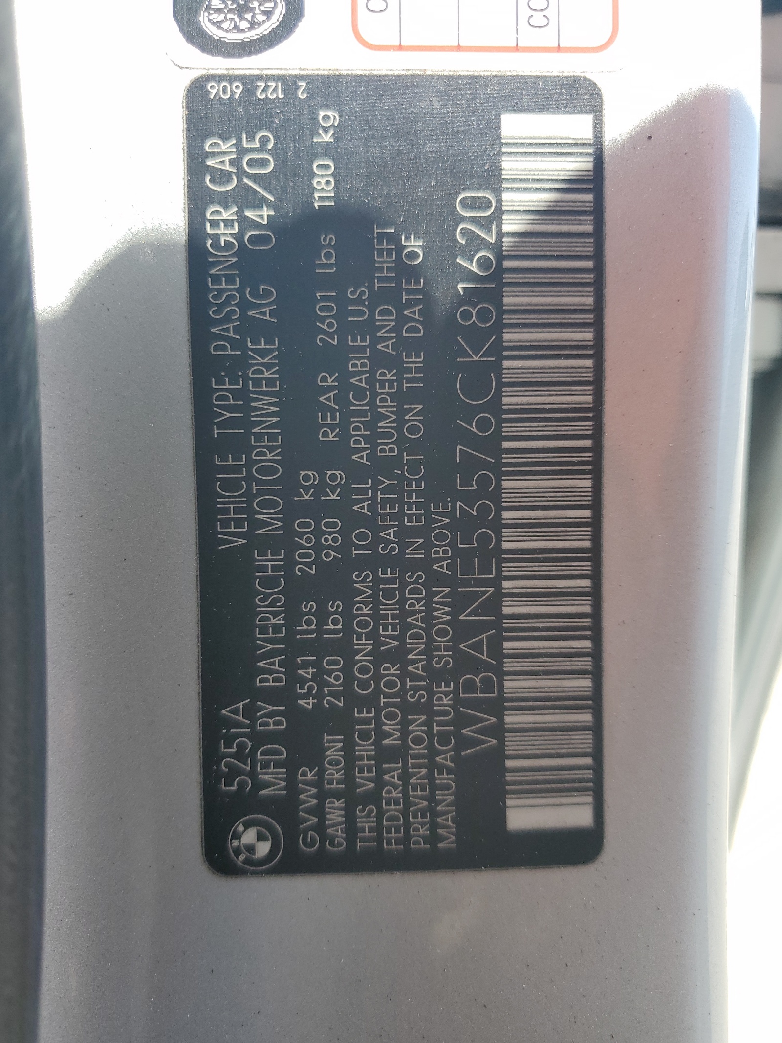 WBANE53576CK81620 2006 BMW 525 I