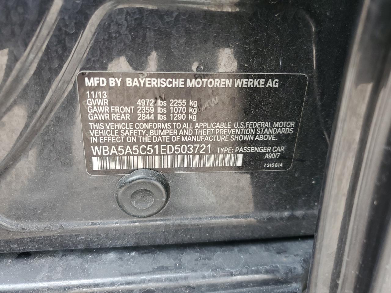 2014 BMW 528 I VIN: WBA5A5C51ED503721 Lot: 57796714