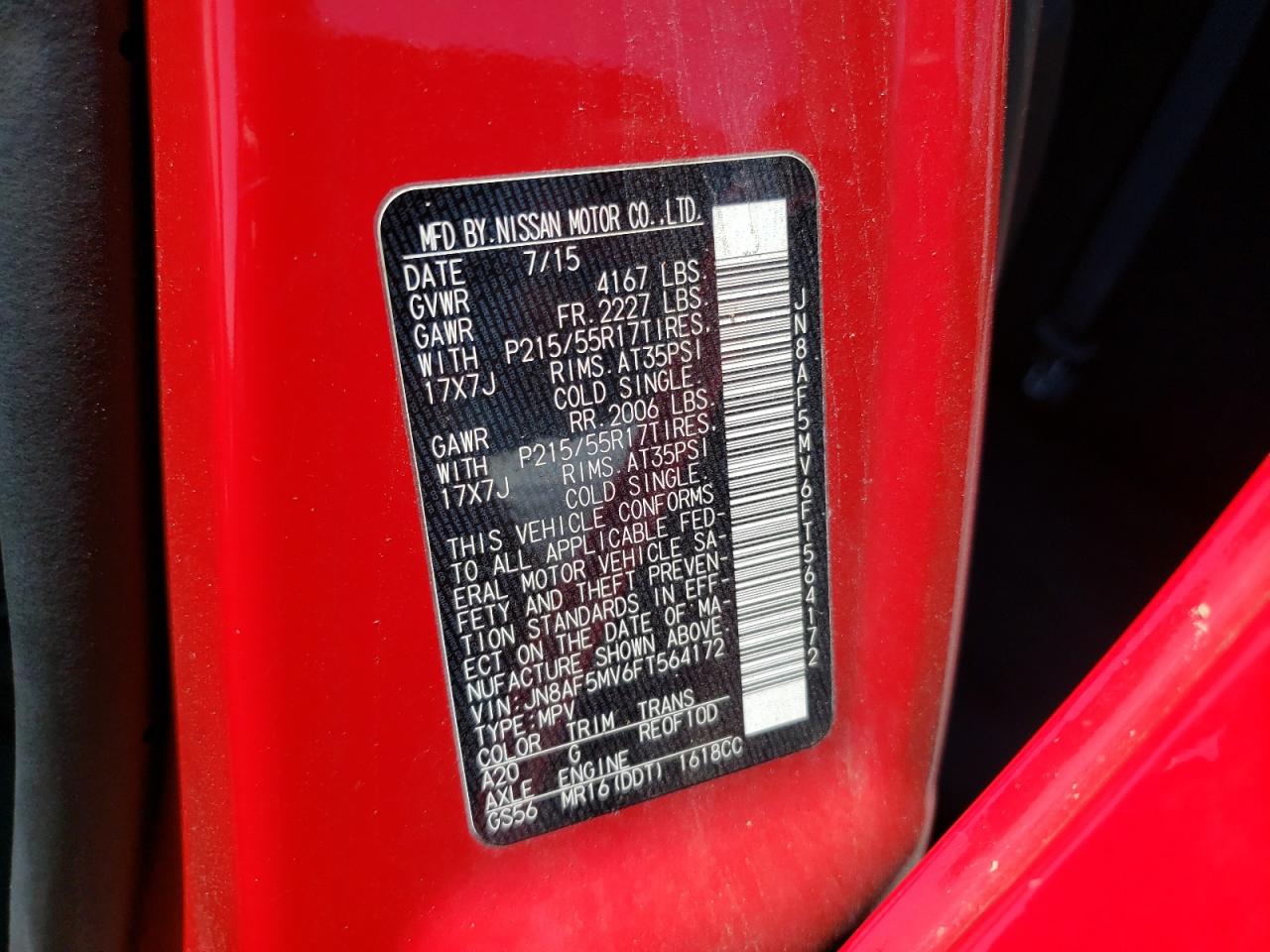 2015 Nissan Juke S VIN: JN8AF5MV6FT564172 Lot: 60572014