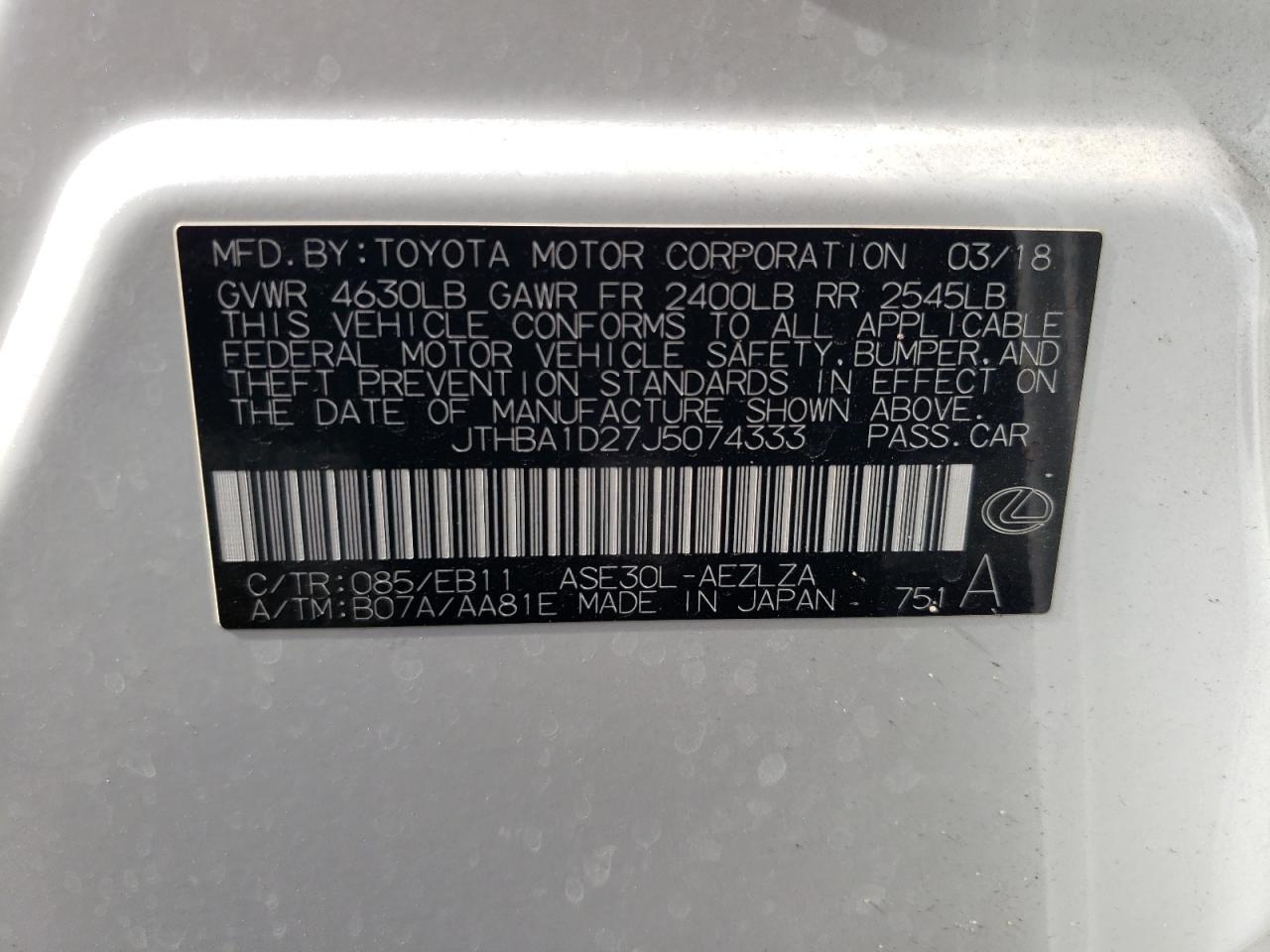 2018 Lexus Is 300 VIN: JTHBA1D27J5074333 Lot: 59393784