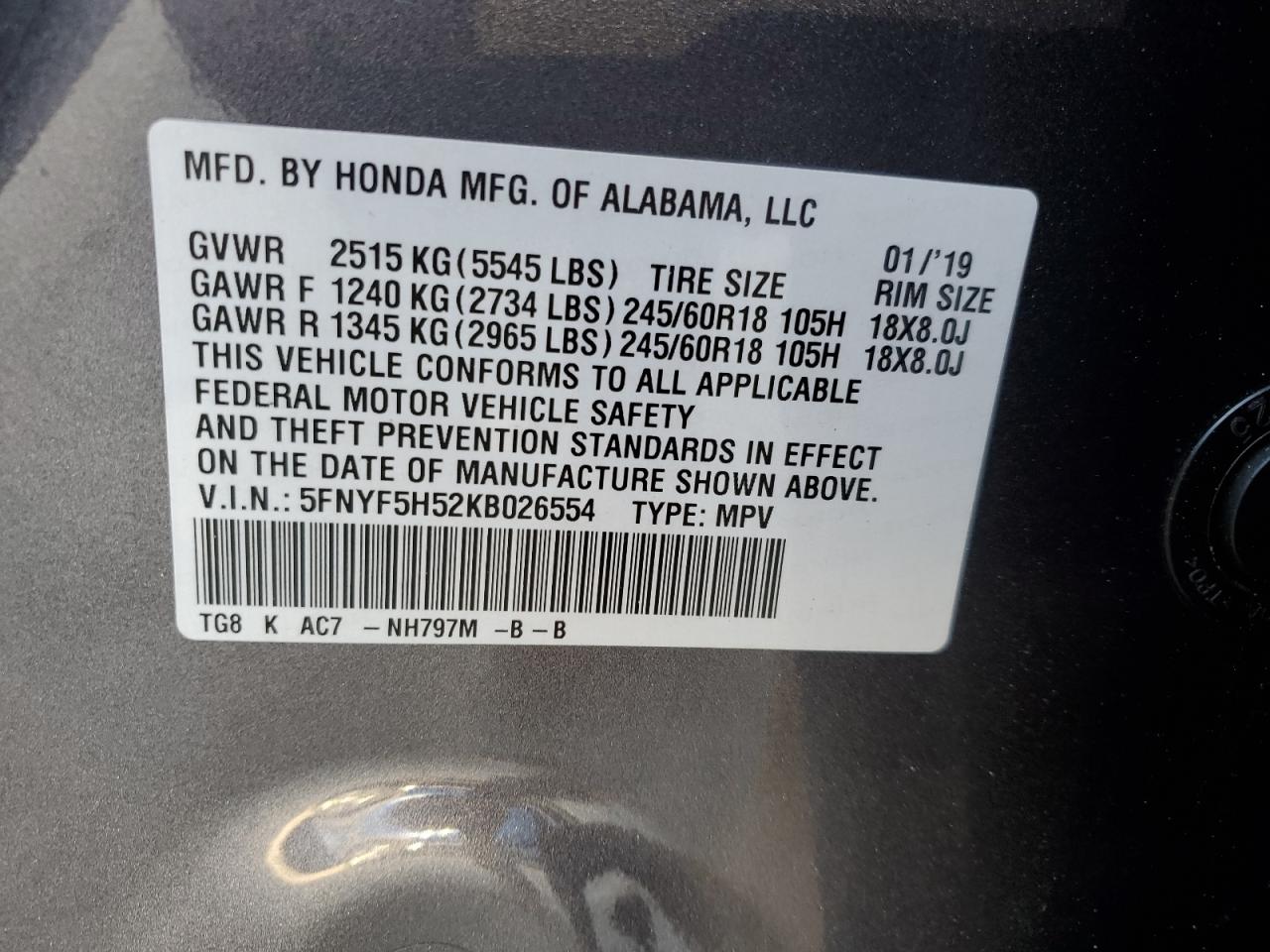 2019 Honda Pilot Exl VIN: 5FNYF5H52KB026554 Lot: 57399334