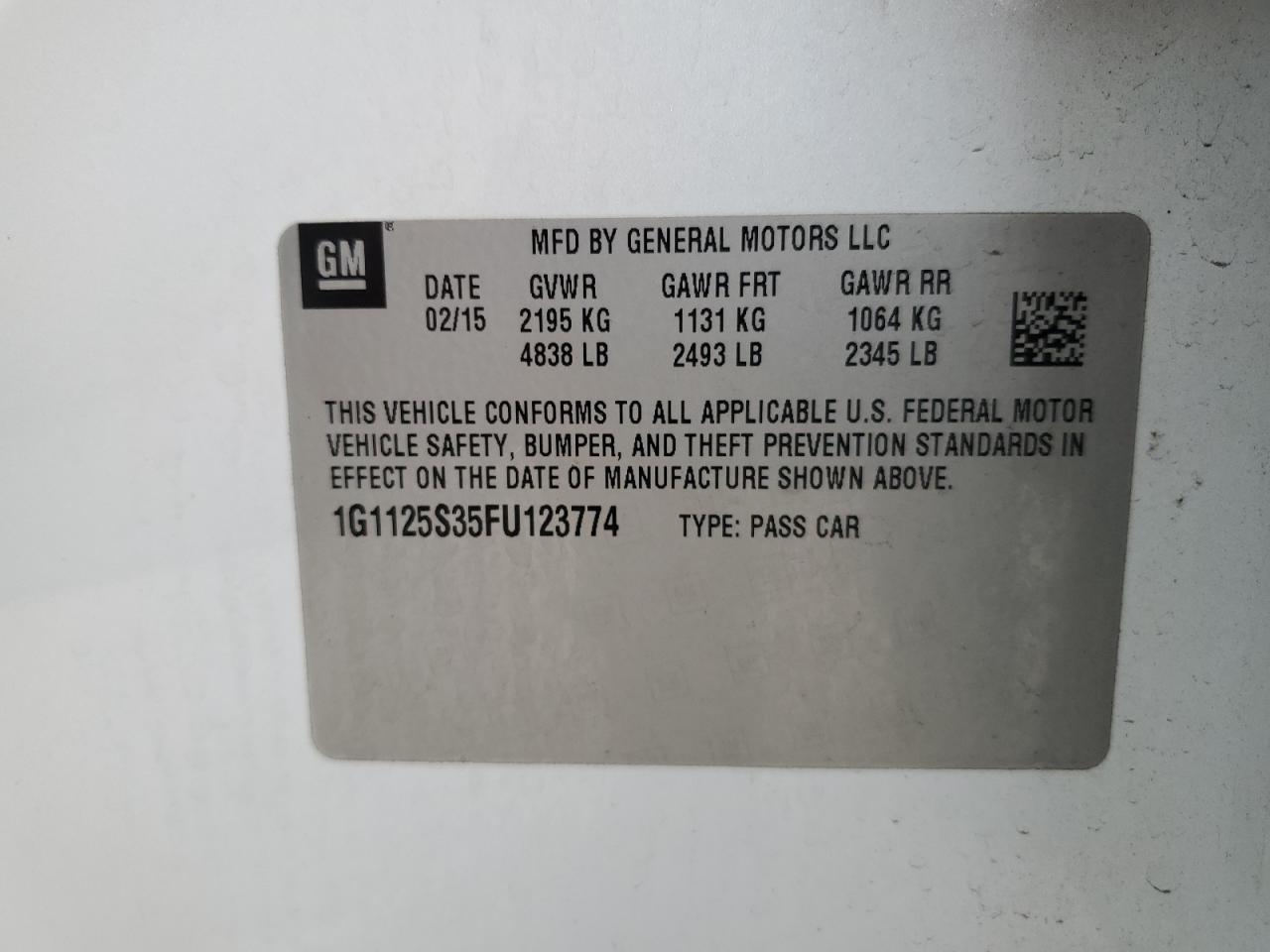 2015 Chevrolet Impala Lt VIN: 1G1125S35FU123774 Lot: 58312594