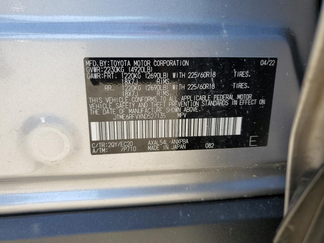 2022 Toyota Rav4 Xse VIN: JTME6RFVXND527135 Lot: 60338394