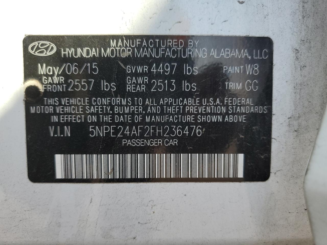 2015 Hyundai Sonata Se VIN: 5NPE24AF2FH236476 Lot: 60198594