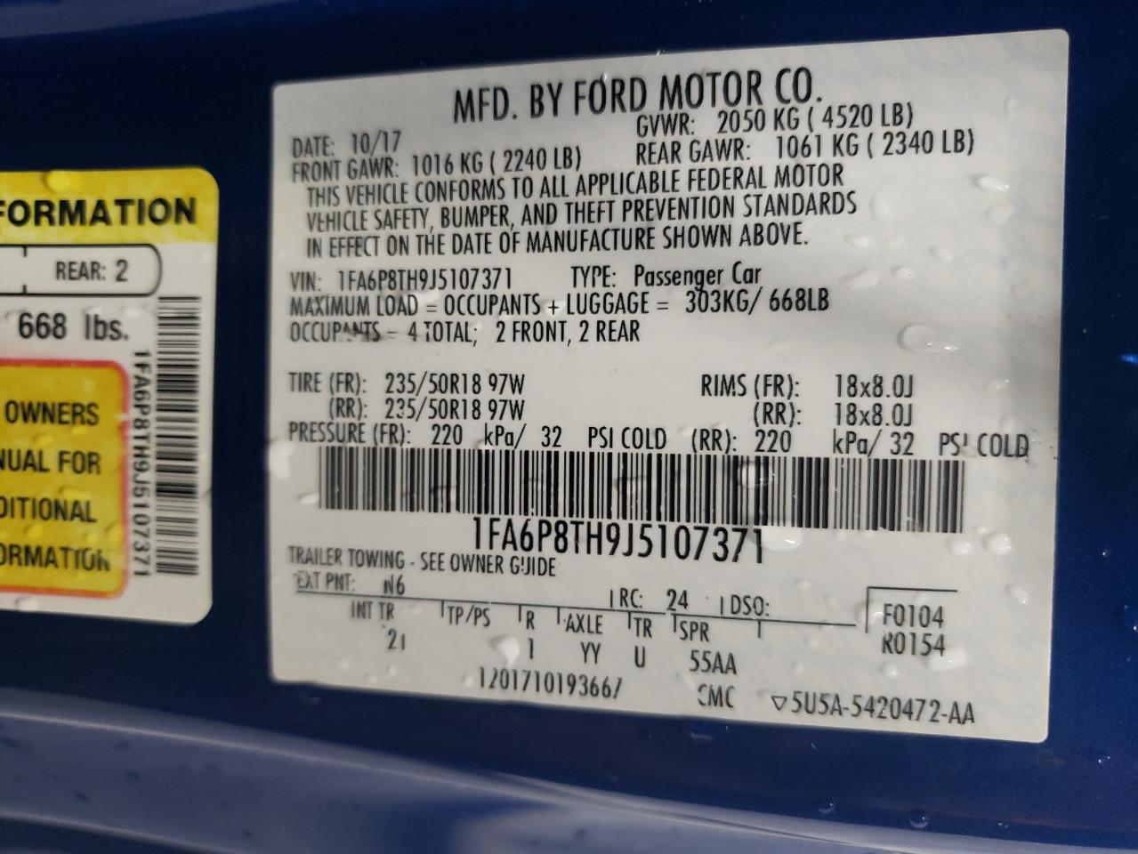 2018 Ford Mustang VIN: 1FA6P8TH9J5107371 Lot: 59404554