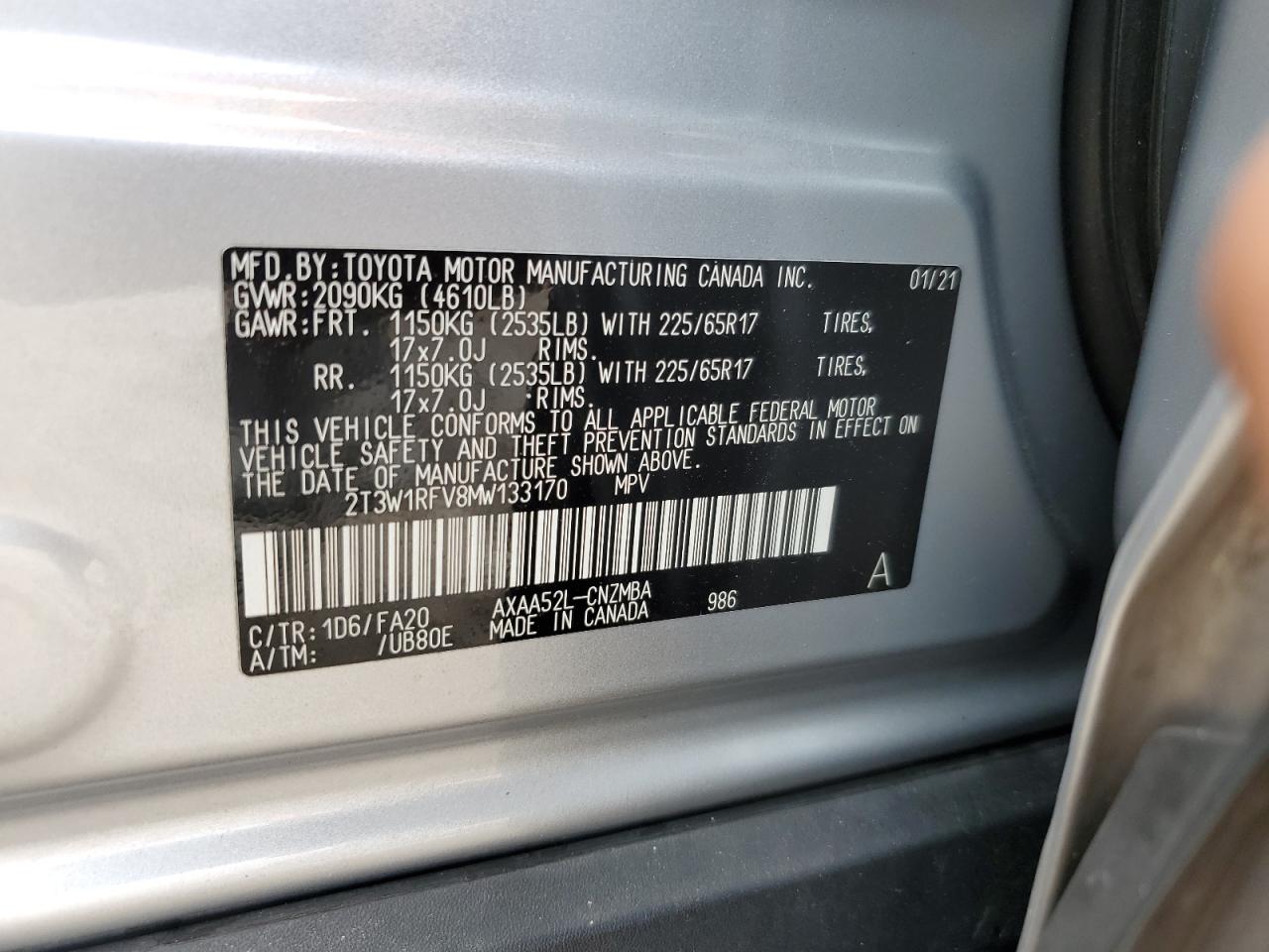 2021 Toyota Rav4 Xle VIN: 2T3W1RFV8MW133170 Lot: 59870184