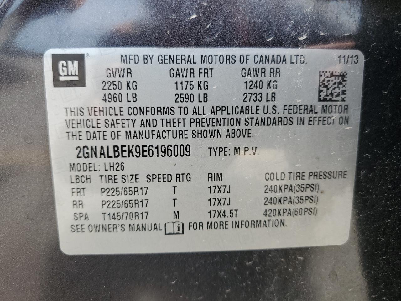 2GNALBEK9E6196009 2014 Chevrolet Equinox Lt