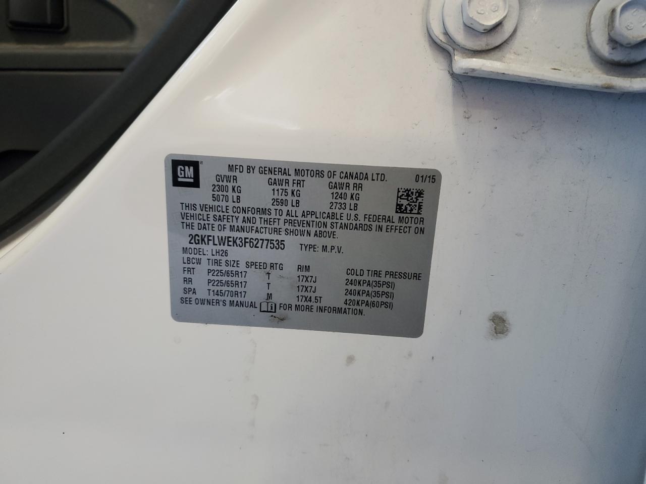 2015 GMC Terrain Sle VIN: 2GKFLWEK3F6277535 Lot: 57647754