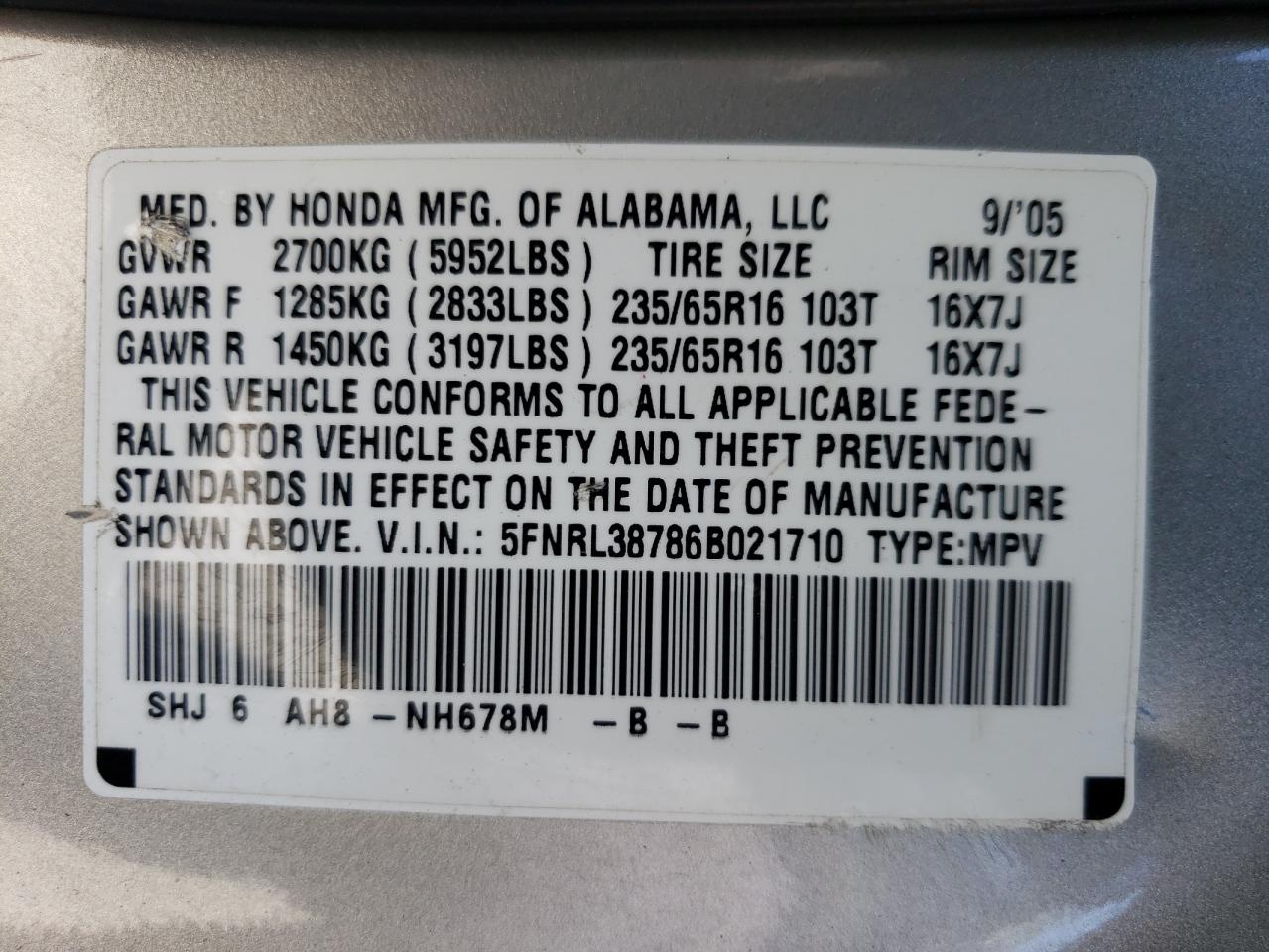 2006 Honda Odyssey Exl VIN: 5FNRL38786B021710 Lot: 59521314