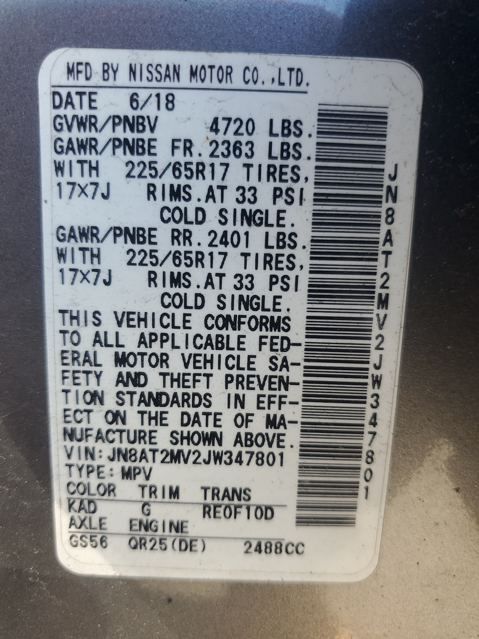 JN8AT2MV2JW347801 2018 Nissan Rogue S