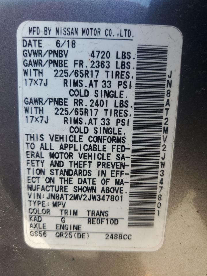 2018 Nissan Rogue S VIN: JN8AT2MV2JW347801 Lot: 57449214