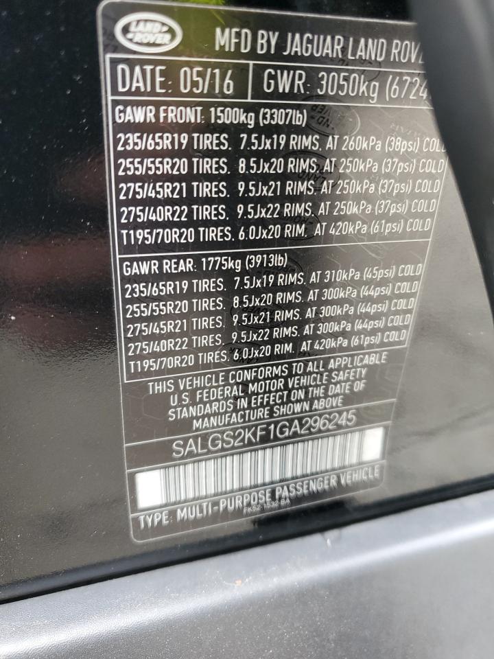 2016 Land Rover Range Rover Hse VIN: SALGS2KF1GA296245 Lot: 59700054