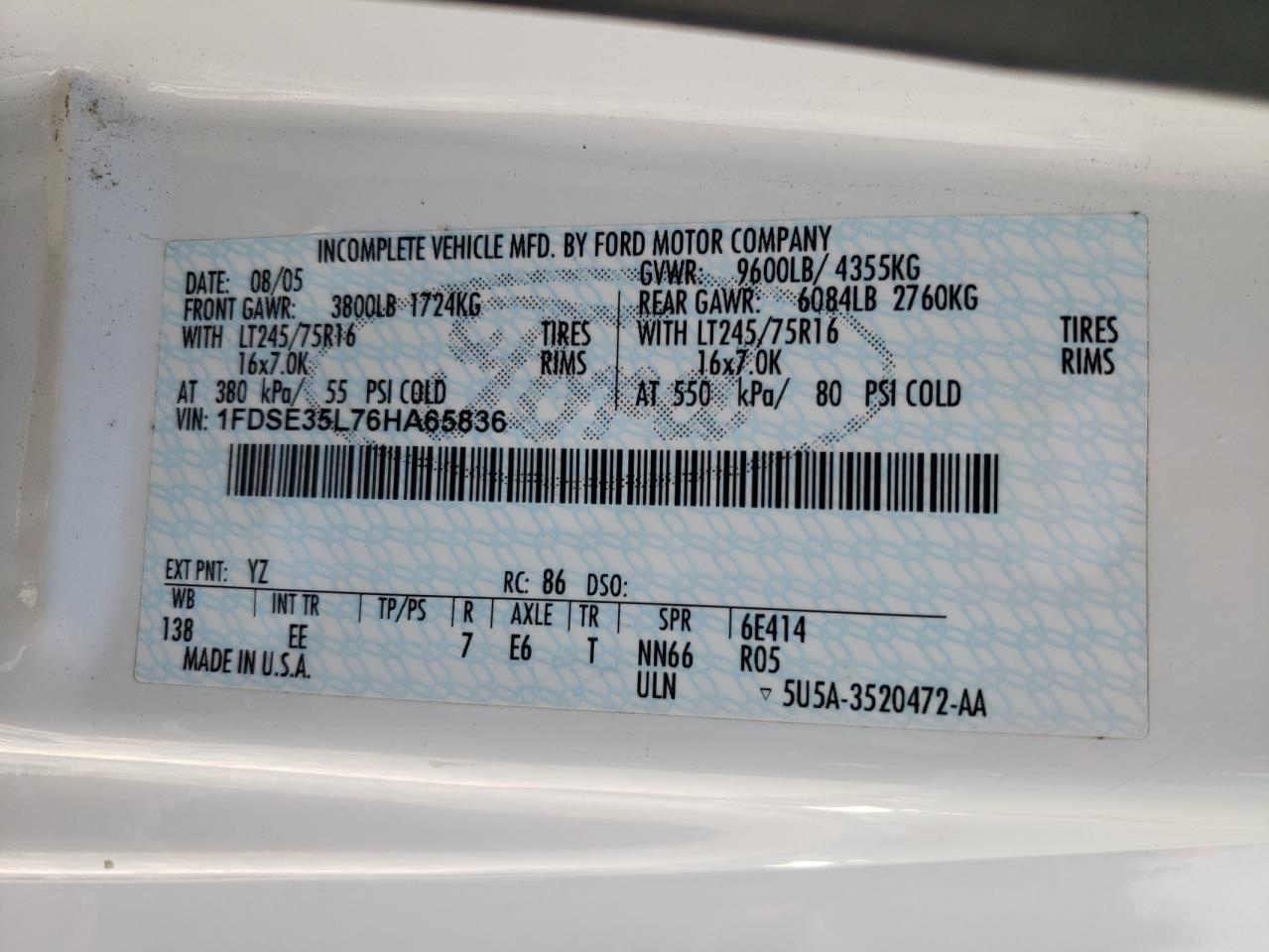 2006 Ford Econoline E350 Super Duty Cutaway Van VIN: 1FDSE35L76HA65836 Lot: 58135784