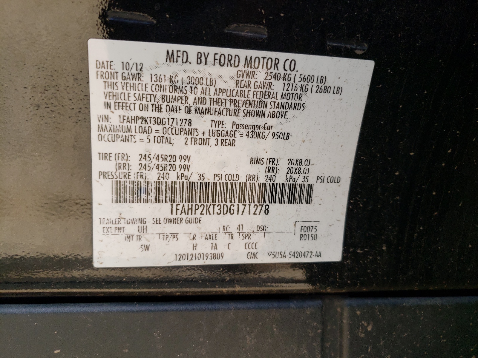 1FAHP2KT3DG171278 2013 Ford Taurus Sho