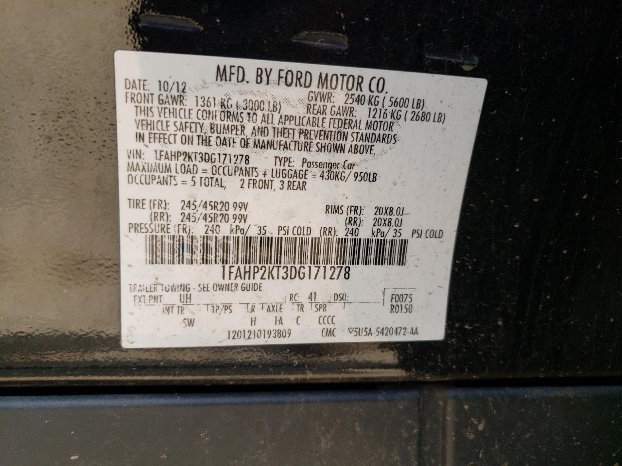 2013 Ford Taurus Sho VIN: 1FAHP2KT3DG171278 Lot: 58895564