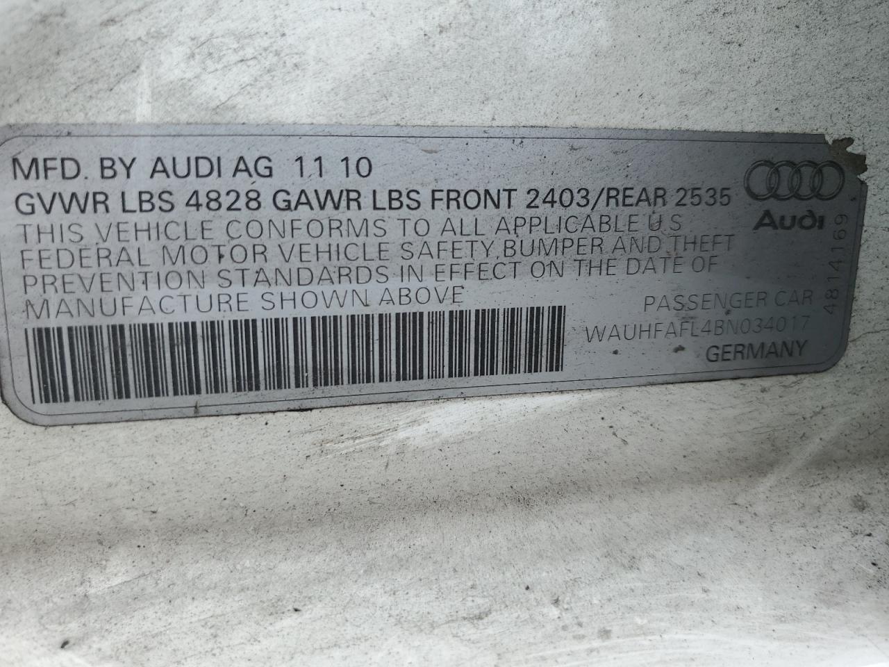 2011 Audi A4 Premium Plus VIN: WAUHFAFL4BN034017 Lot: 60695844