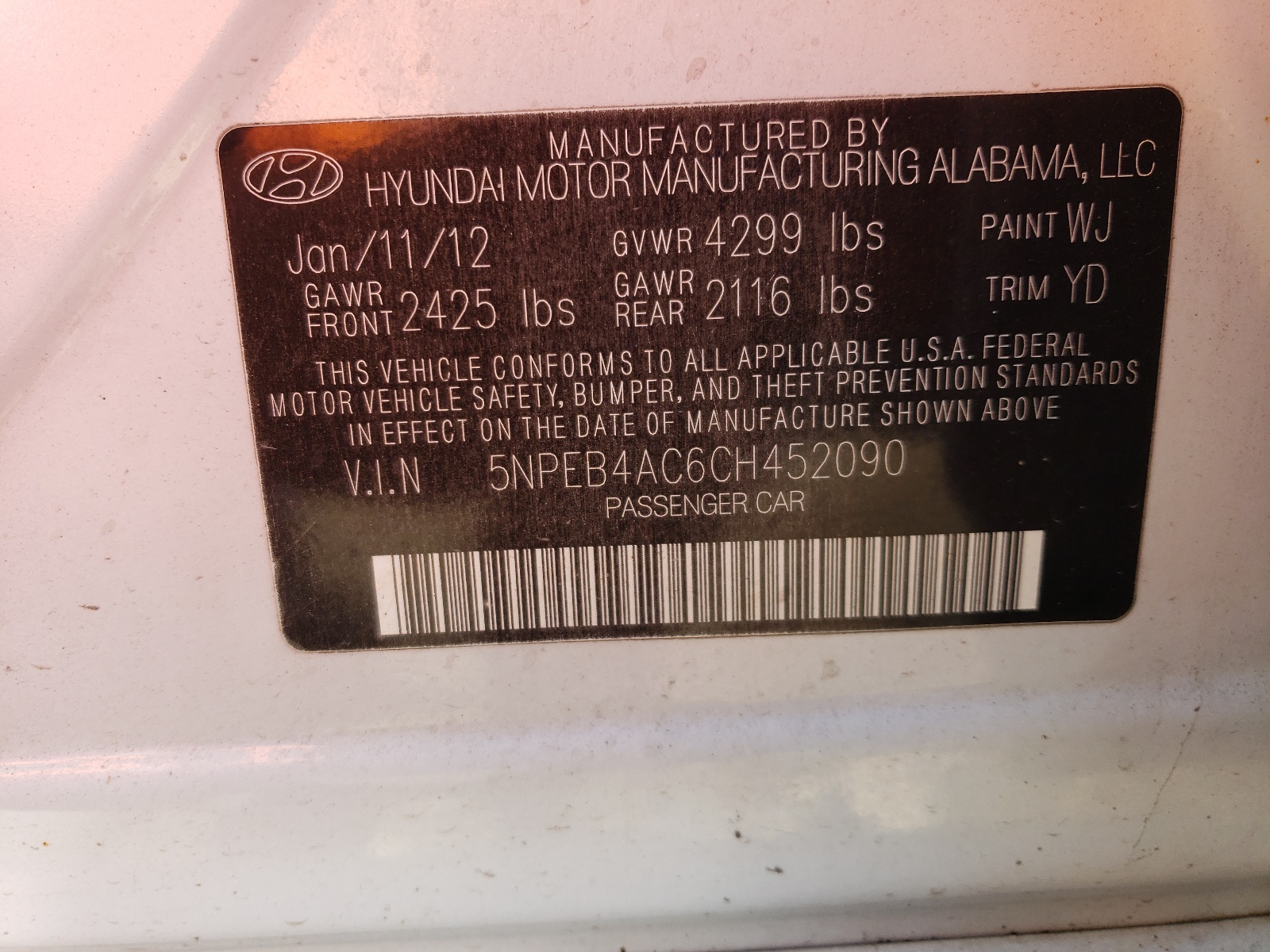 5NPEB4AC6CH452090 2012 Hyundai Sonata Gls