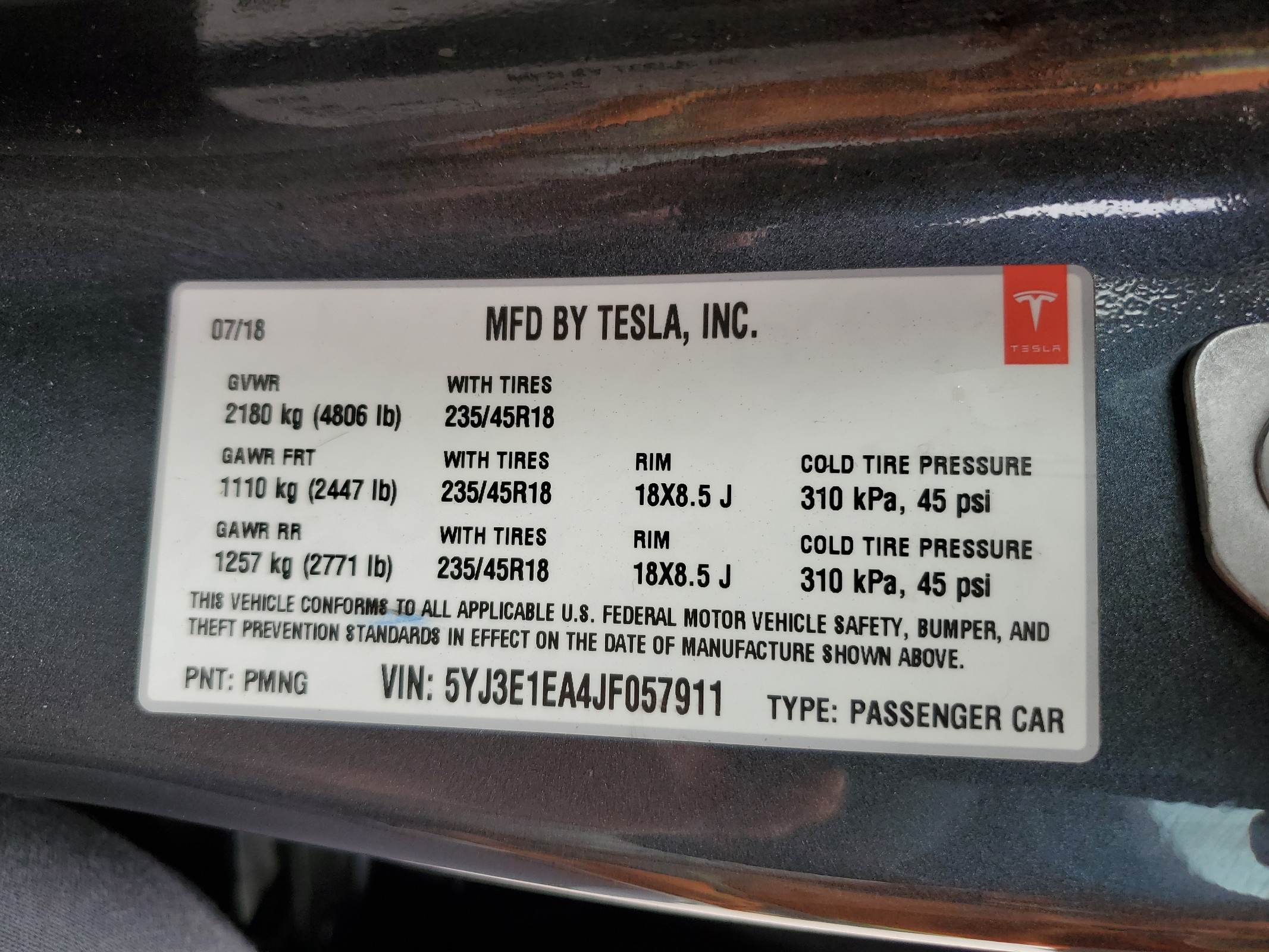 5YJ3E1EA4JF057911 2018 Tesla Model 3