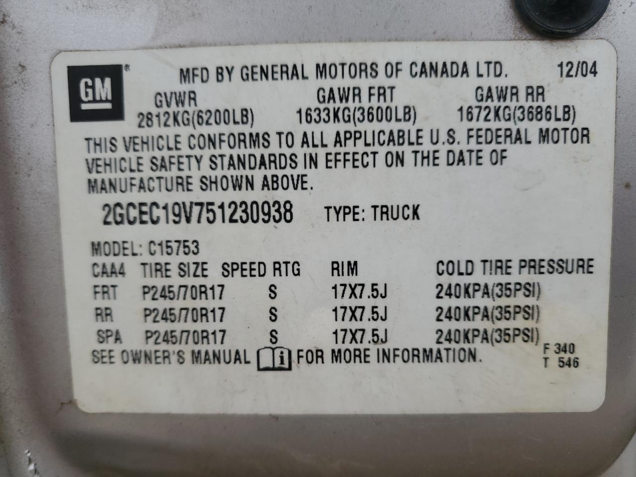 2GCEC19V751230938 2005 Chevrolet Silverado C1500