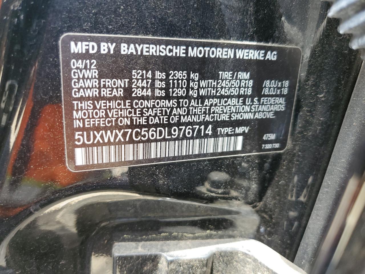 2013 BMW X3 xDrive35I VIN: 5UXWX7C56DL976714 Lot: 58791024