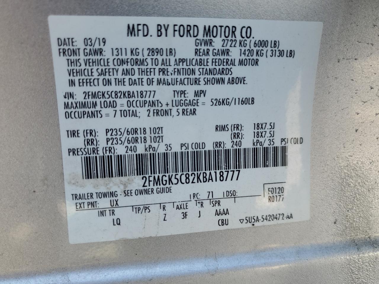 2019 Ford Flex Sel VIN: 2FMGK5C82KBA18777 Lot: 60421164