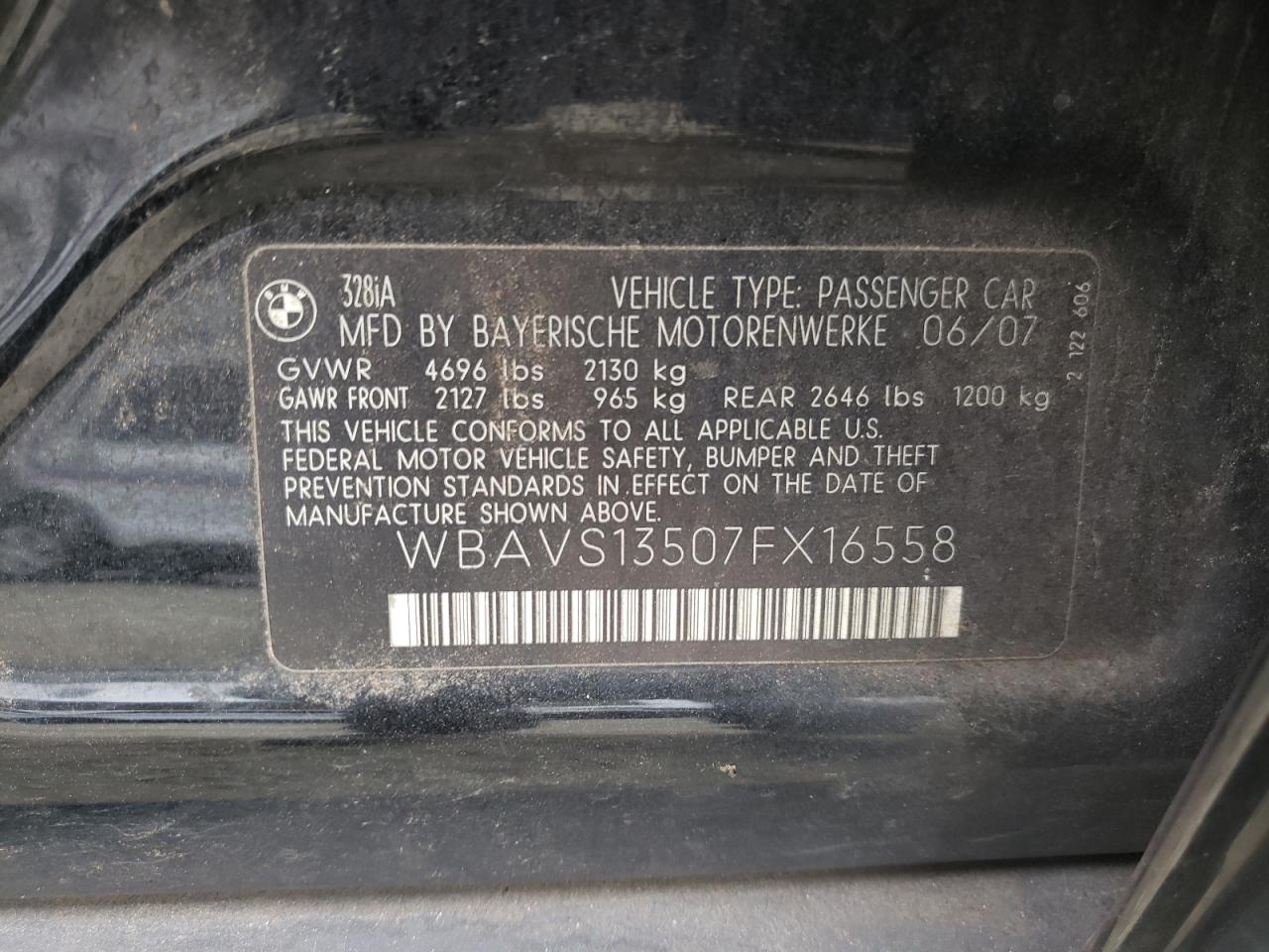 2007 BMW 328 It VIN: WBAVS13507FX16558 Lot: 61052224