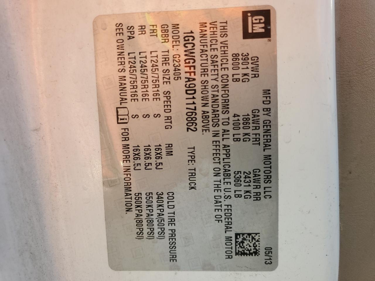 2013 Chevrolet Express G2500 VIN: 1GCWGFFA9D1176862 Lot: 62147244