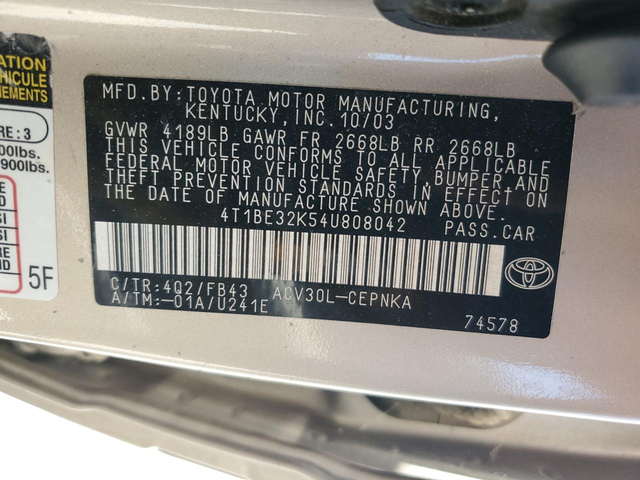 2004 Toyota Camry Le VIN: 4T1BE32K54U808042 Lot: 58978484