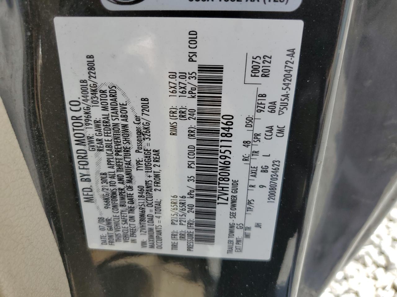 2009 Ford Mustang VIN: 1ZVHT80N695118460 Lot: 61272594