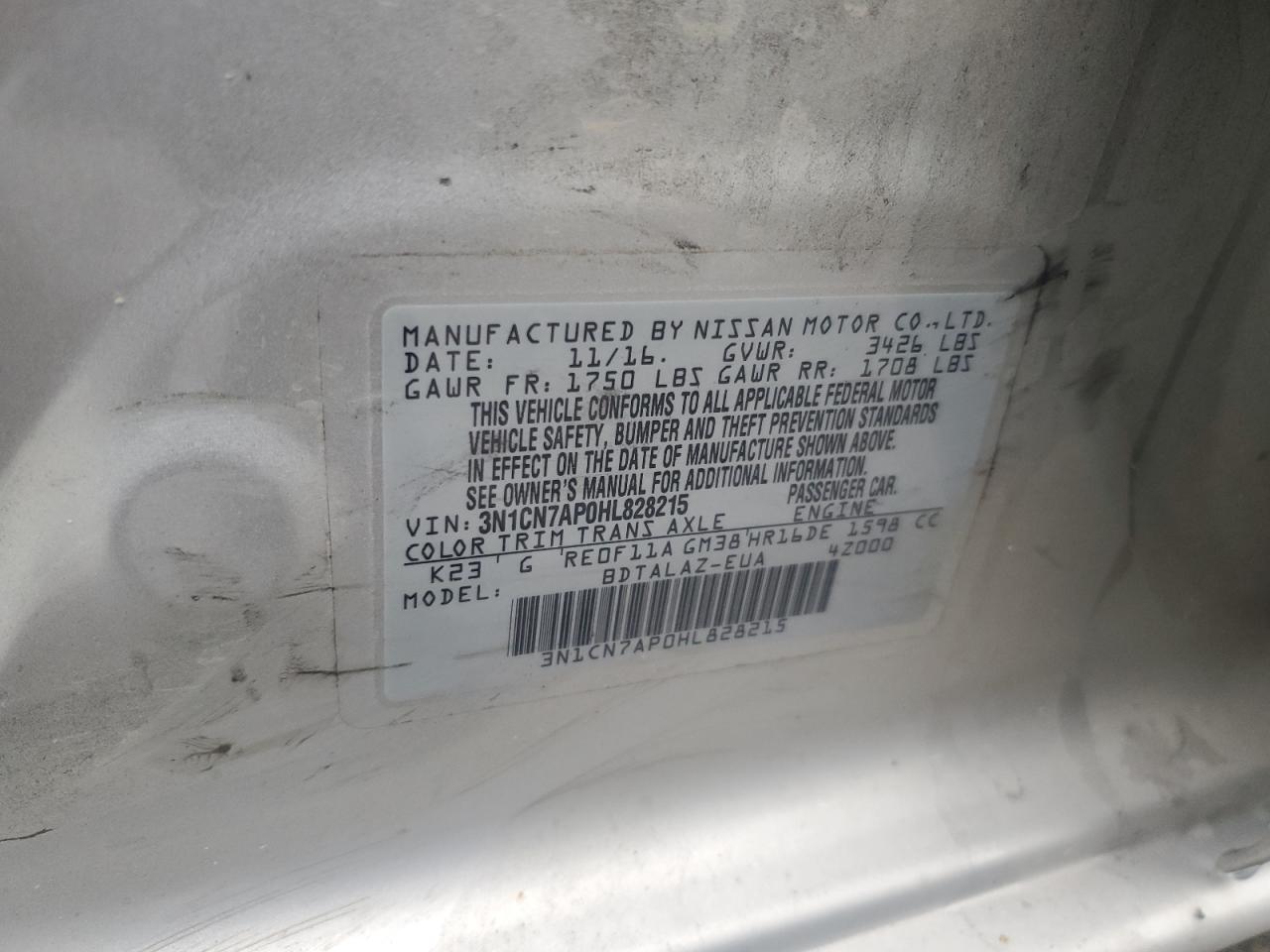 3N1CN7AP0HL828215 2017 Nissan Versa S