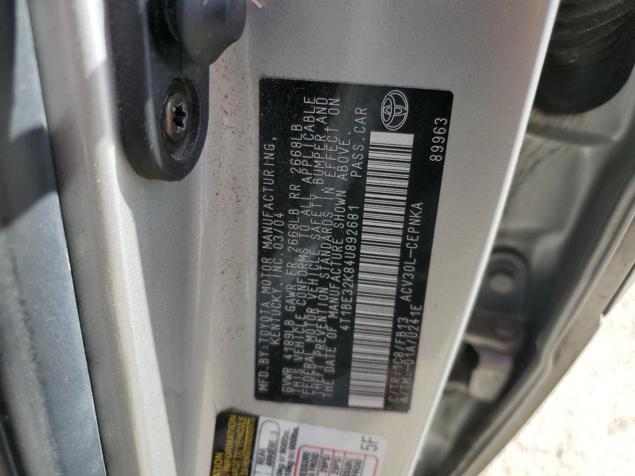 2004 Toyota Camry Le VIN: 4T1BE32K84U892681 Lot: 61151004