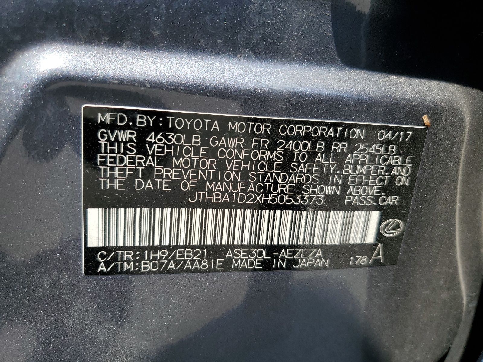 JTHBA1D2XH5053373 2017 Lexus Is 200T