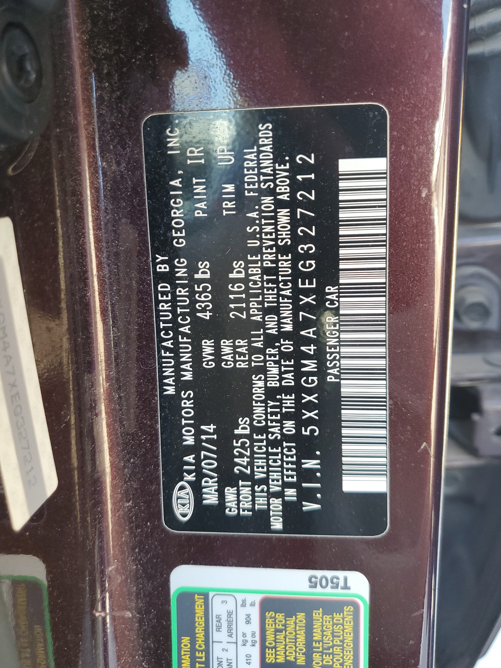 5XXGM4A7XEG327212 2014 Kia Optima Lx