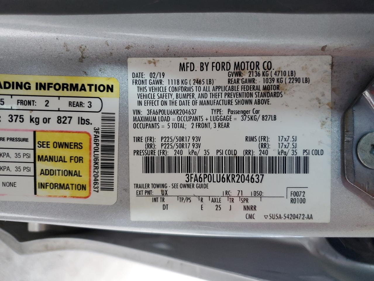 3FA6P0LU6KR204637 2019 FORD FUSION - Image 13